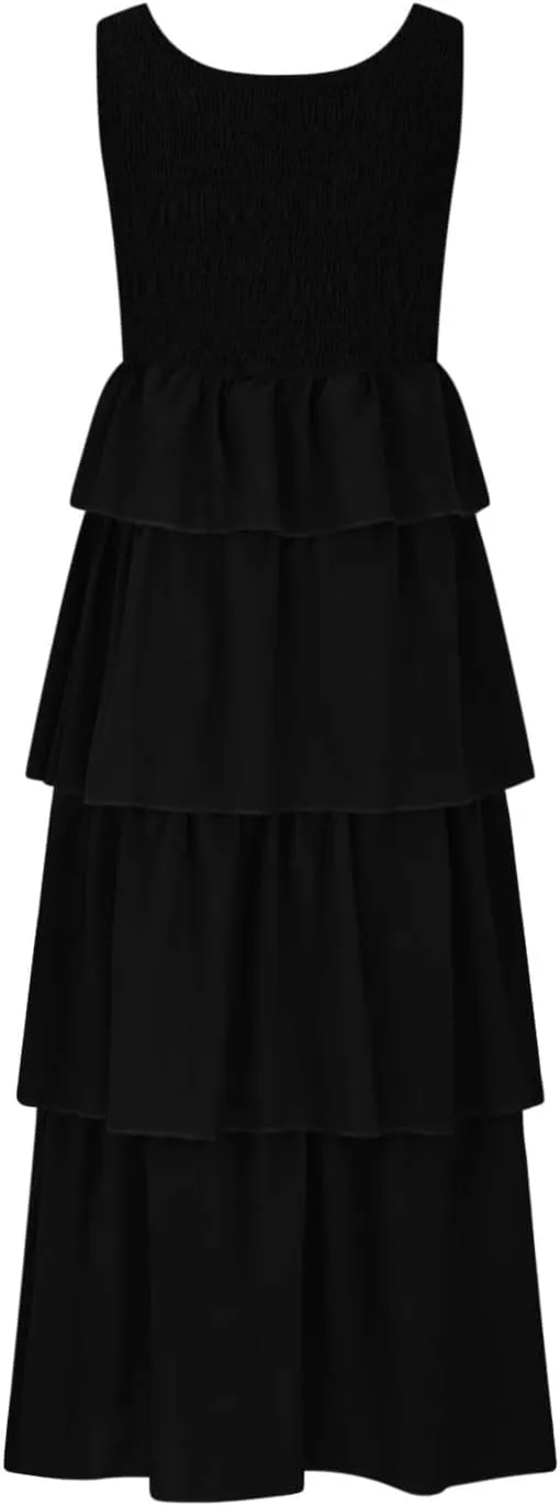 Borniu Women's Summer Casual U Neck Sleeveless Smocked High Waist Tank Midi Dress Tiered Flowy Beach Vacation Cake Dresses
