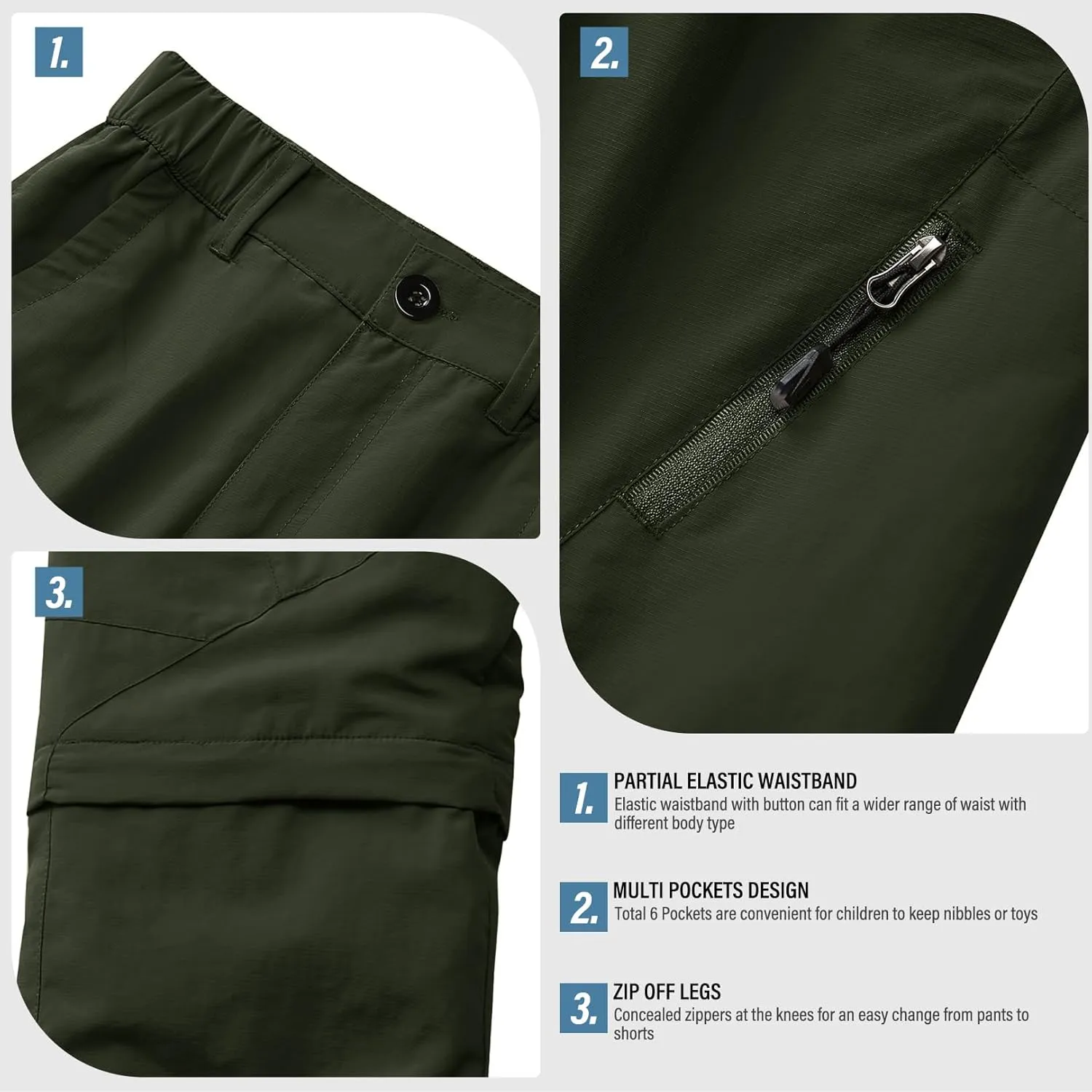 Boys Pants Kids Adjustable Waist Outdoor Quick Dry Lightweight Waterproof Pull On Casual Convertible Cargo Scout Pants