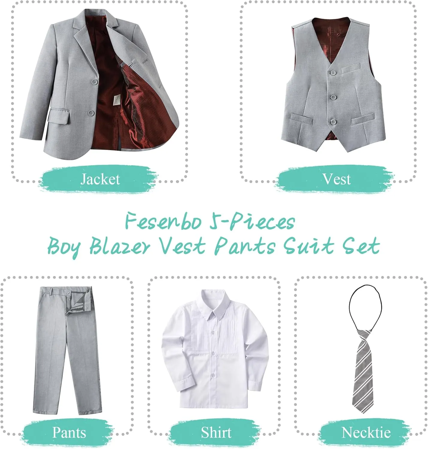 Boy's Suit Formal Slim Fit 5 Pieces Suit Set Blazer Vest Pants with Adjustable Waist Shirt with Tie