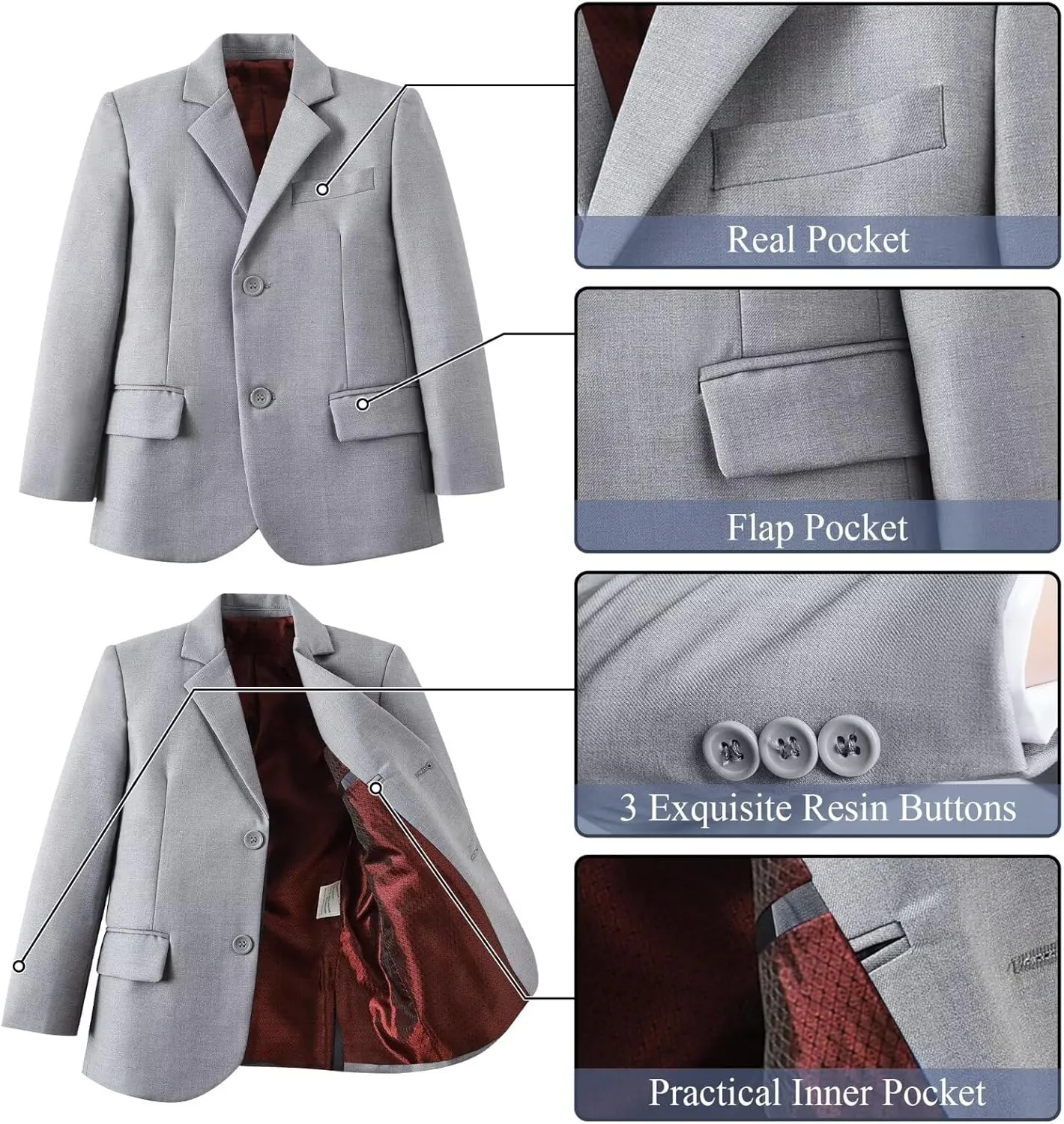 Boy's Suit Formal Slim Fit 5 Pieces Suit Set Blazer Vest Pants with Adjustable Waist Shirt with Tie
