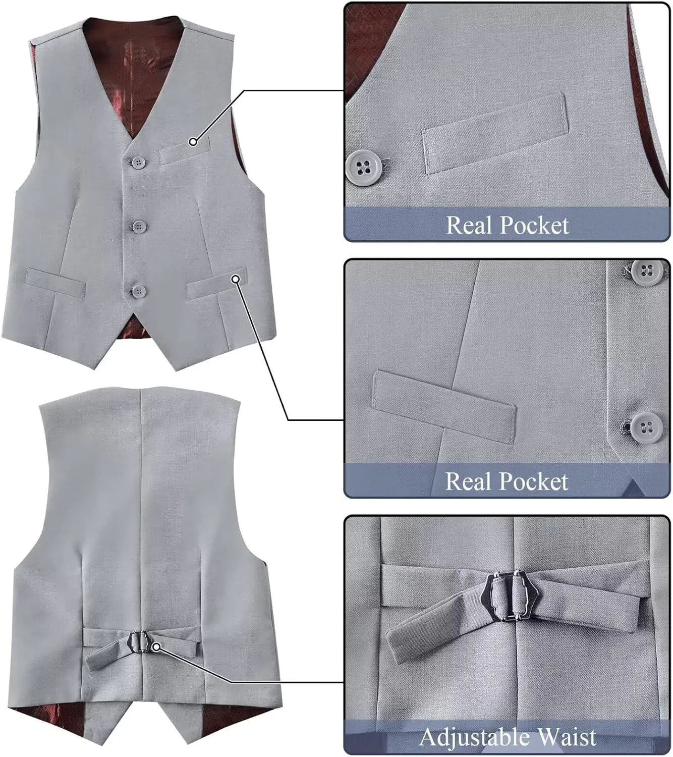 Boy's Suit Formal Slim Fit 5 Pieces Suit Set Blazer Vest Pants with Adjustable Waist Shirt with Tie