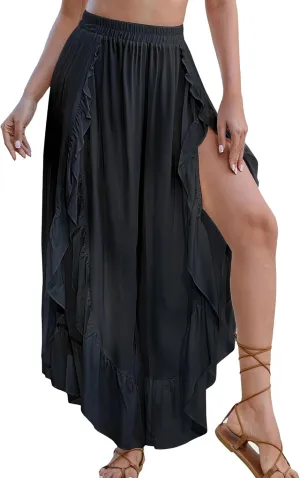 Bsubseach Swim Cover Up Pants for Women Ruffle High Slit Beach Pants Wide Leg Bathing Suit Coverup
