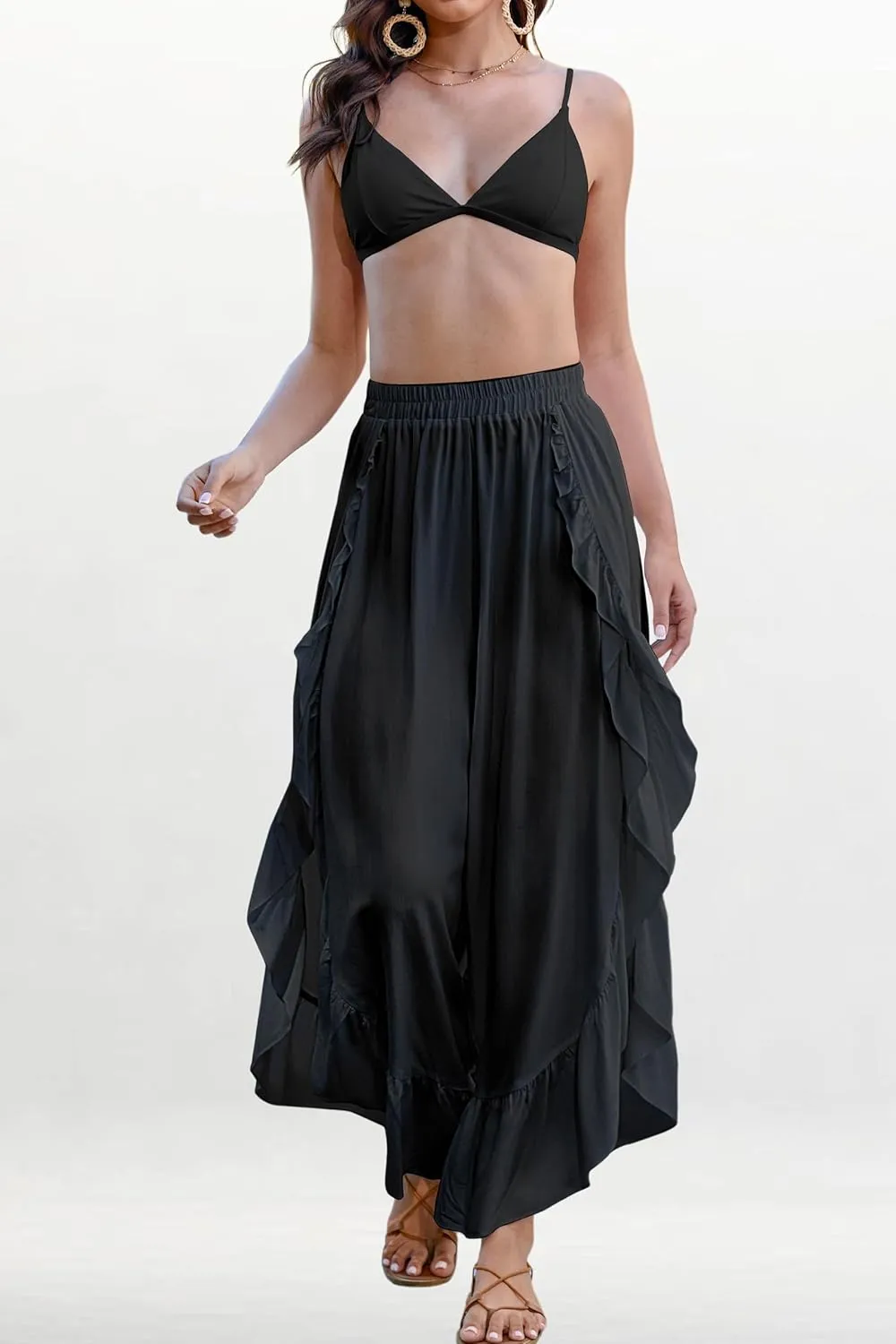 Bsubseach Swim Cover Up Pants for Women Ruffle High Slit Beach Pants Wide Leg Bathing Suit Coverup