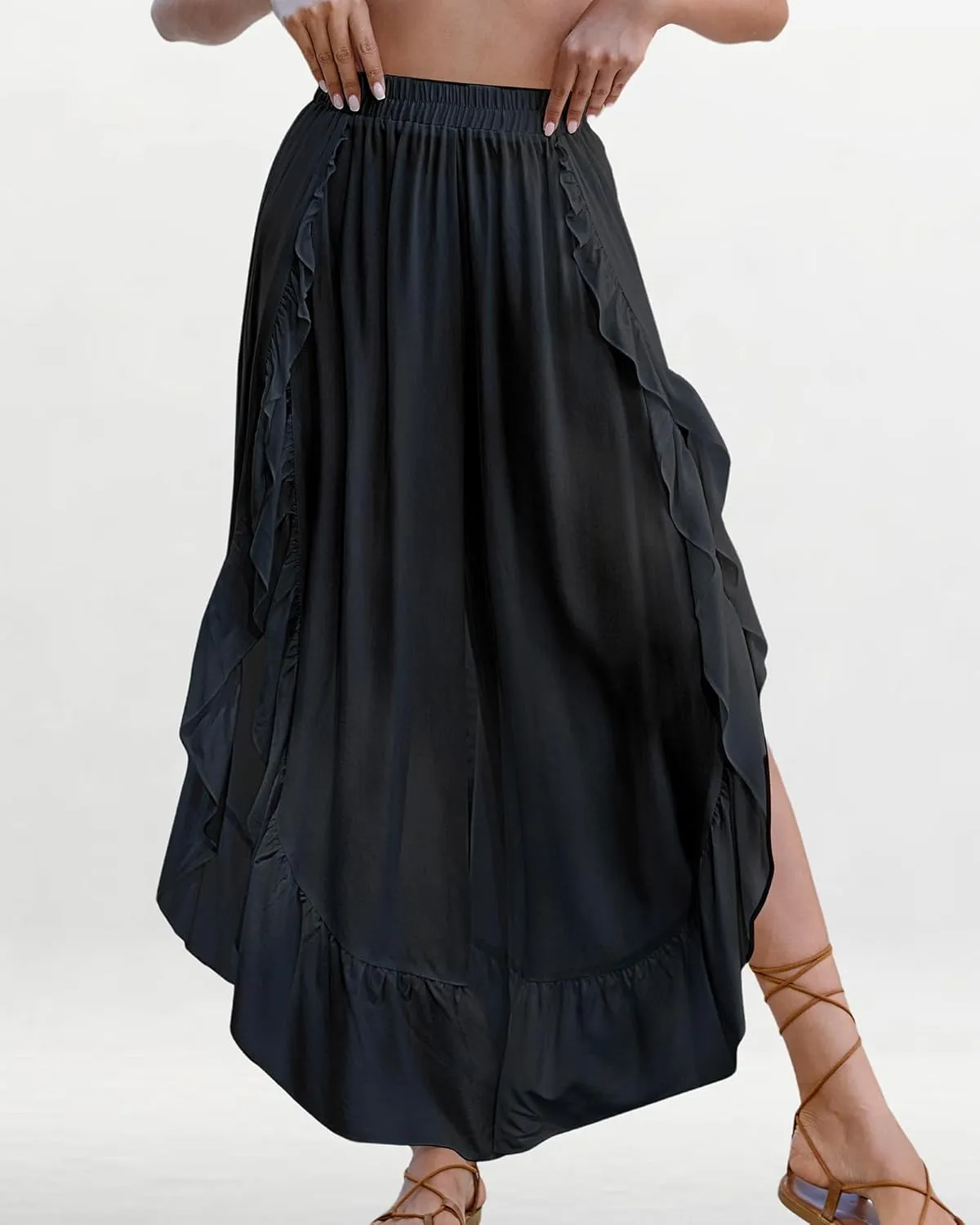 Bsubseach Swim Cover Up Pants for Women Ruffle High Slit Beach Pants Wide Leg Bathing Suit Coverup