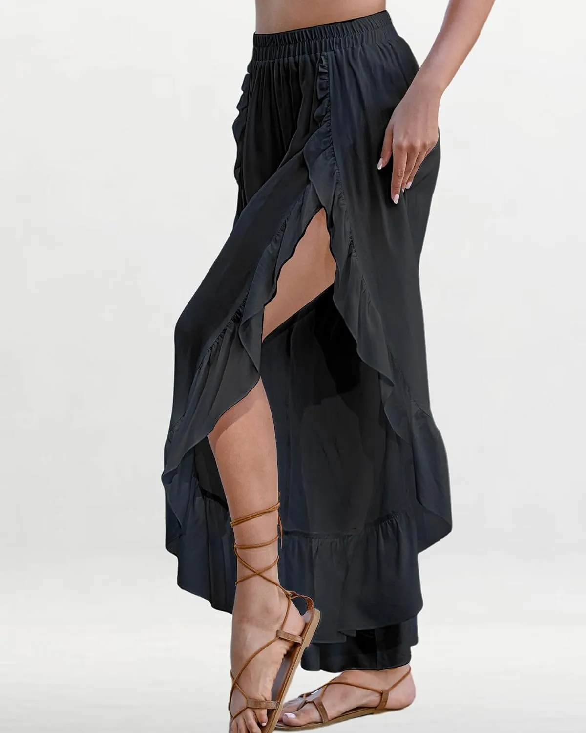 Bsubseach Swim Cover Up Pants for Women Ruffle High Slit Beach Pants Wide Leg Bathing Suit Coverup