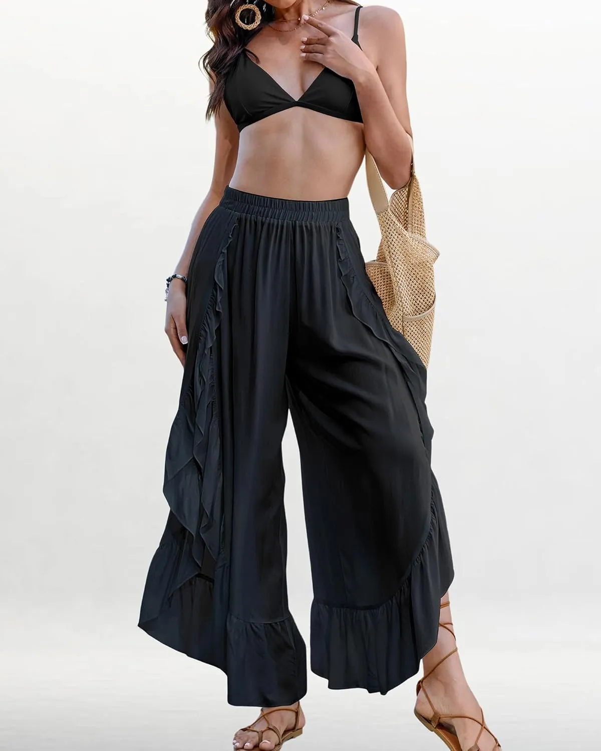 Bsubseach Swim Cover Up Pants for Women Ruffle High Slit Beach Pants Wide Leg Bathing Suit Coverup