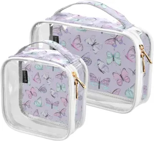 Butterfly-watercolor-pattern 2 Pack Clear Toiletry Bag Women Men, Portable Waterproof Clear Pouch, Cosmetic Bag with Double Zippers Large Opening Traveling with Handle for Bathroom Traveling Vacation