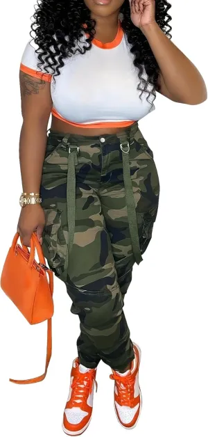 Camo Cargo Pants for Women - Army Fatigue High Waisted Stretchy Camouflage Cargo Pants with Pockets