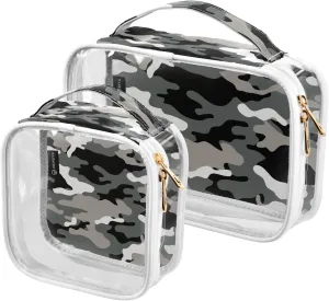 Camouflage-grey Pattern 2 Pack Clear Toiletry Bag Women Men, Portable Waterproof Clear Pouch, Cosmetic Bag with Double Zippers Large Opening Traveling with Handle for Bathroom Traveling Vacation Organ