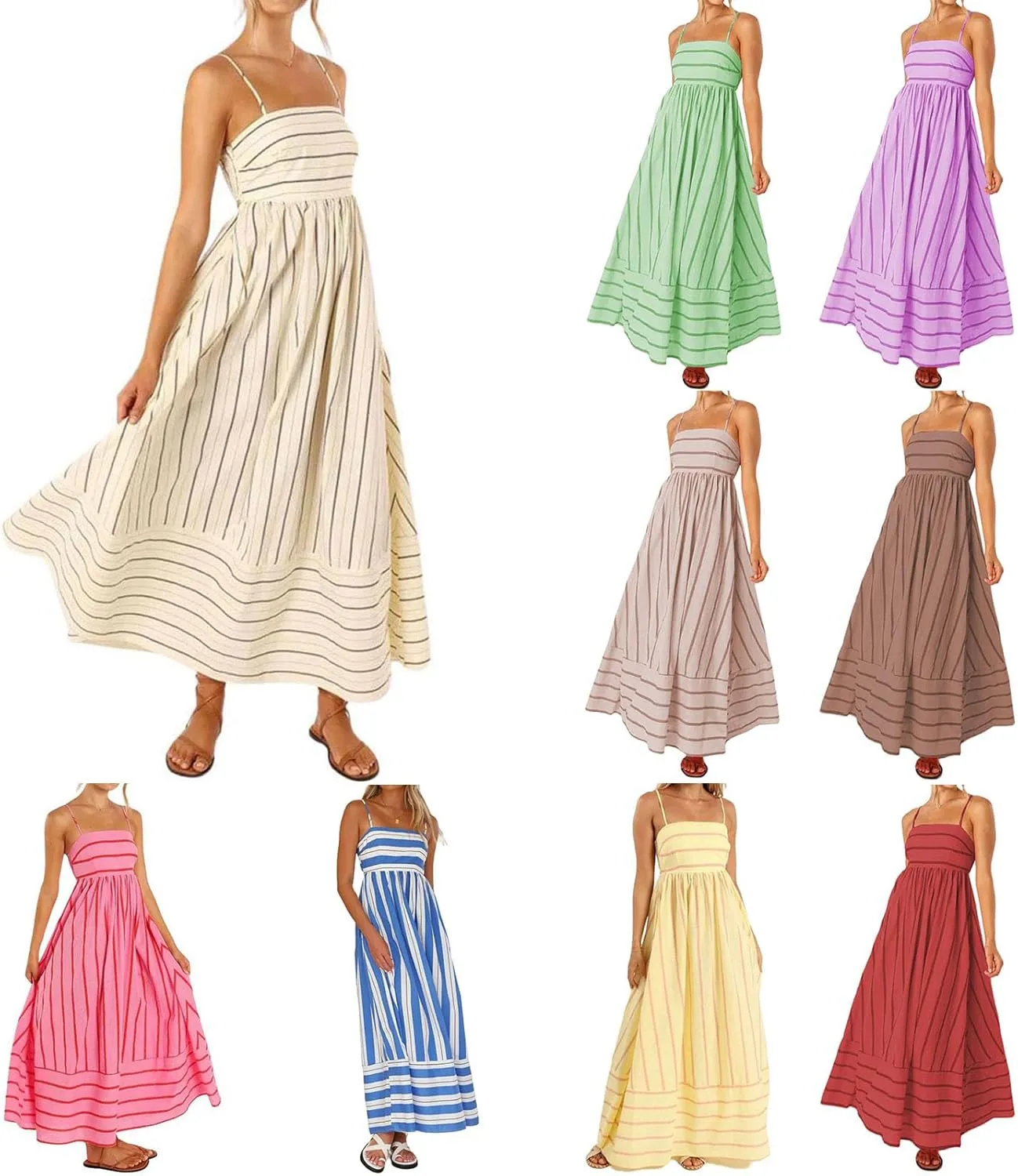 Canbebig Flowy Dresses for Women Sleeveless Striped Maxi Dress Spaghetti Strap Cut Out Flowy Dress Flowy Swing Sundress