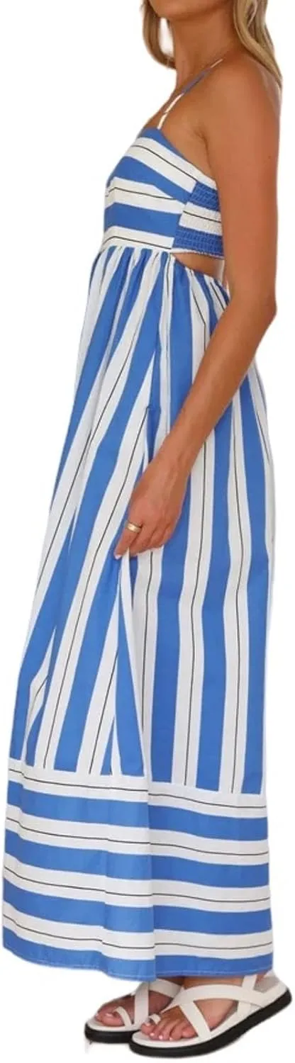 Canbebig Flowy Dresses for Women Sleeveless Striped Maxi Dress Spaghetti Strap Cut Out Flowy Dress Flowy Swing Sundress