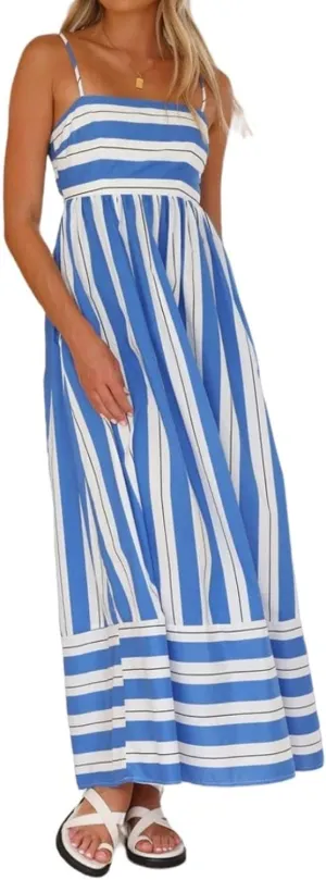 Canbebig Flowy Dresses for Women Sleeveless Striped Maxi Dress Spaghetti Strap Cut Out Flowy Dress Flowy Swing Sundress