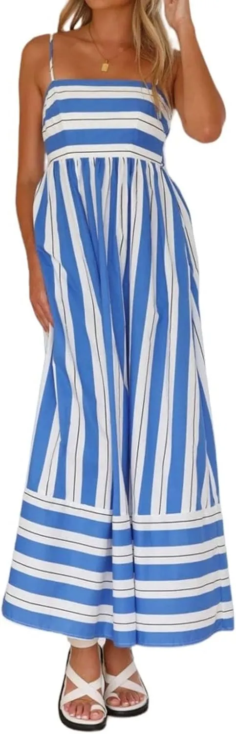 Canbebig Flowy Dresses for Women Sleeveless Striped Maxi Dress Spaghetti Strap Cut Out Flowy Dress Flowy Swing Sundress