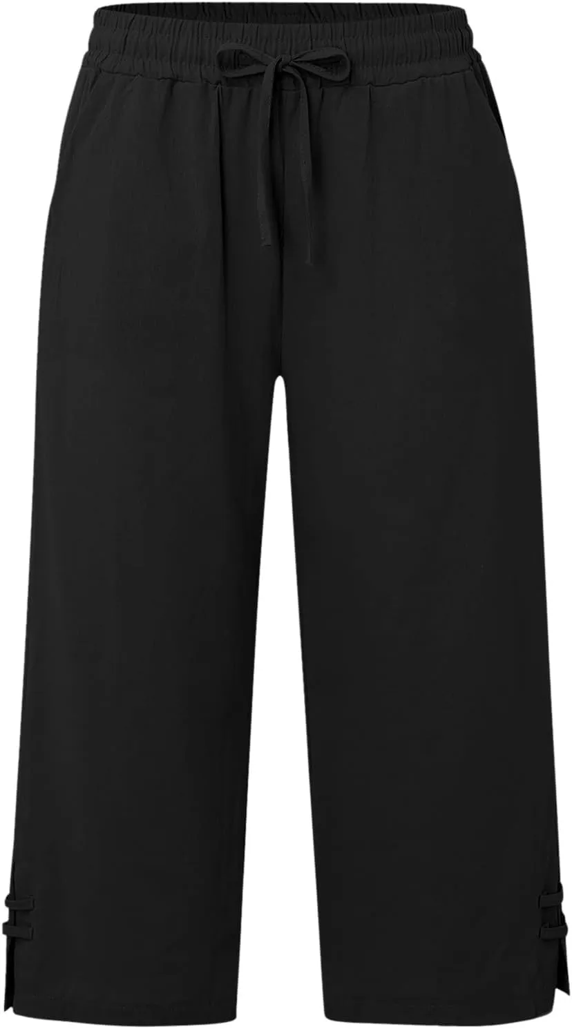 Capri Pants for Women Seven Eighth Length Casual Trousers Side Pockets Split Hem Lightweight Linen Blend