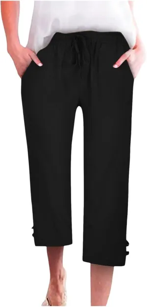 Capri Pants for Women Seven Eighth Length Casual Trousers Side Pockets Split Hem Lightweight Linen Blend