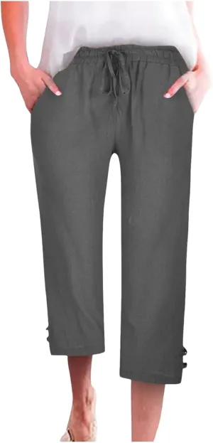 Capri Pants for Women Seven Eighth Length Casual Trousers Side Pockets Split Hem Lightweight Linen Blend