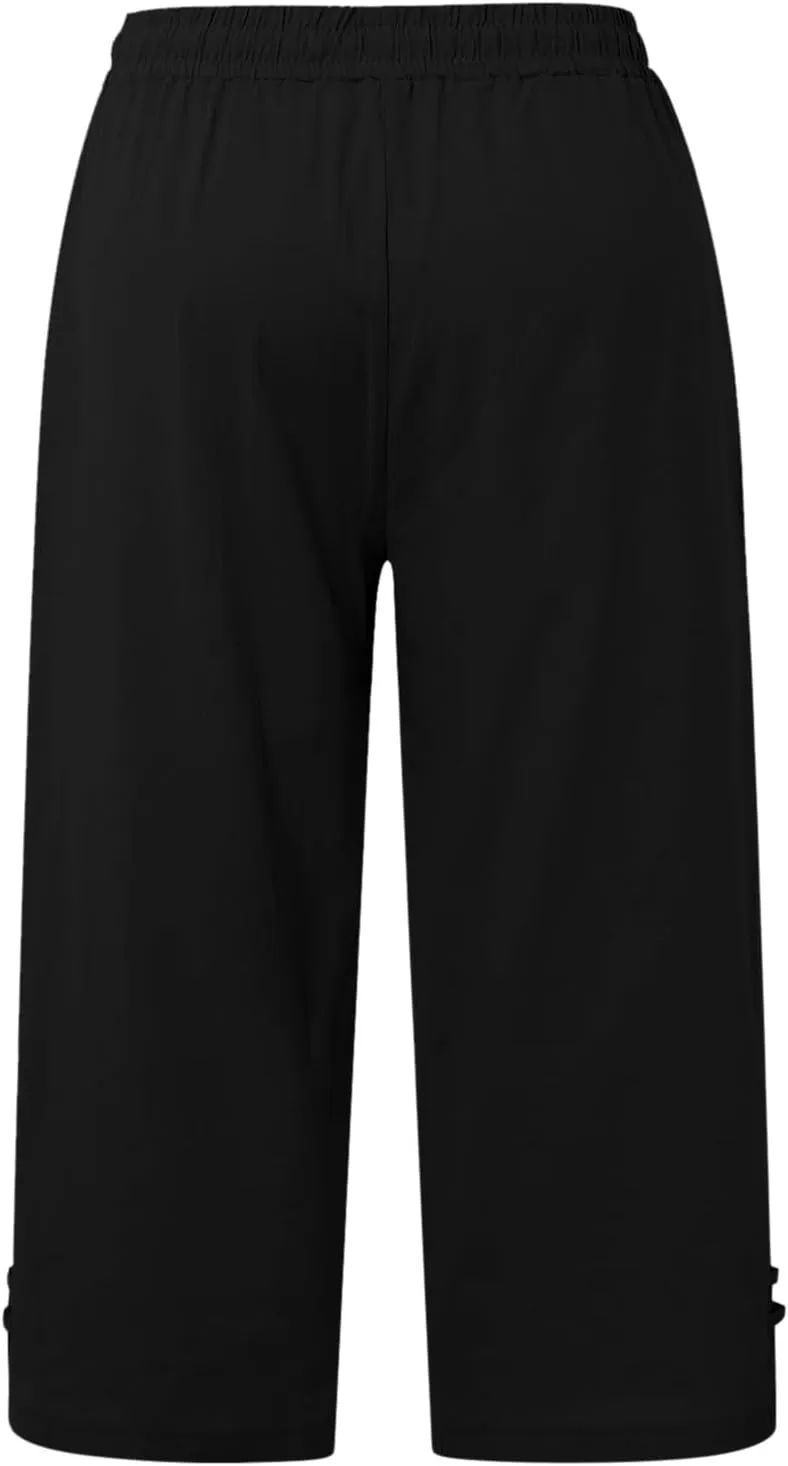 Capri Pants for Women Seven Eighth Length Casual Trousers Side Pockets Split Hem Lightweight Linen Blend