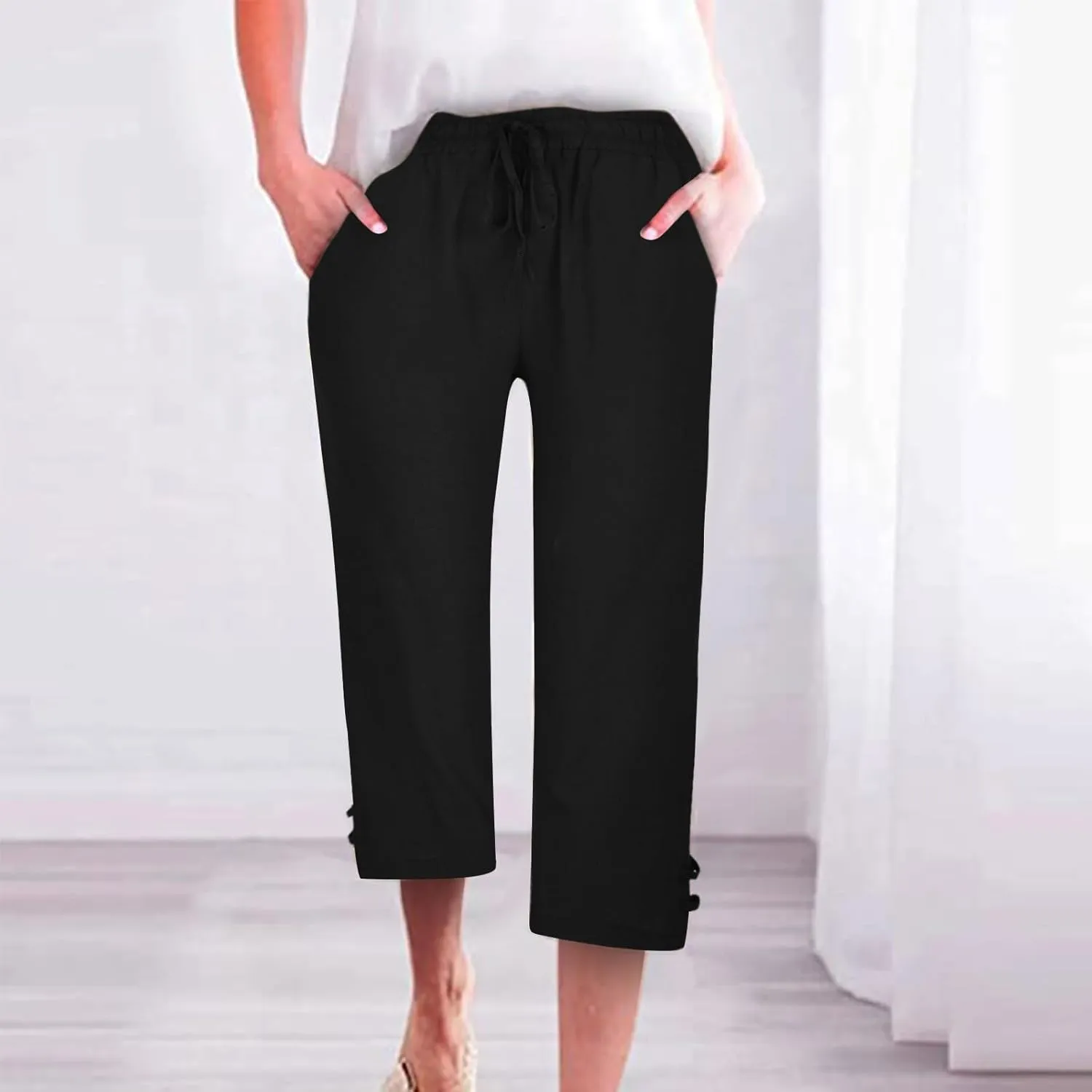 Capri Pants for Women Seven Eighth Length Casual Trousers Side Pockets Split Hem Lightweight Linen Blend