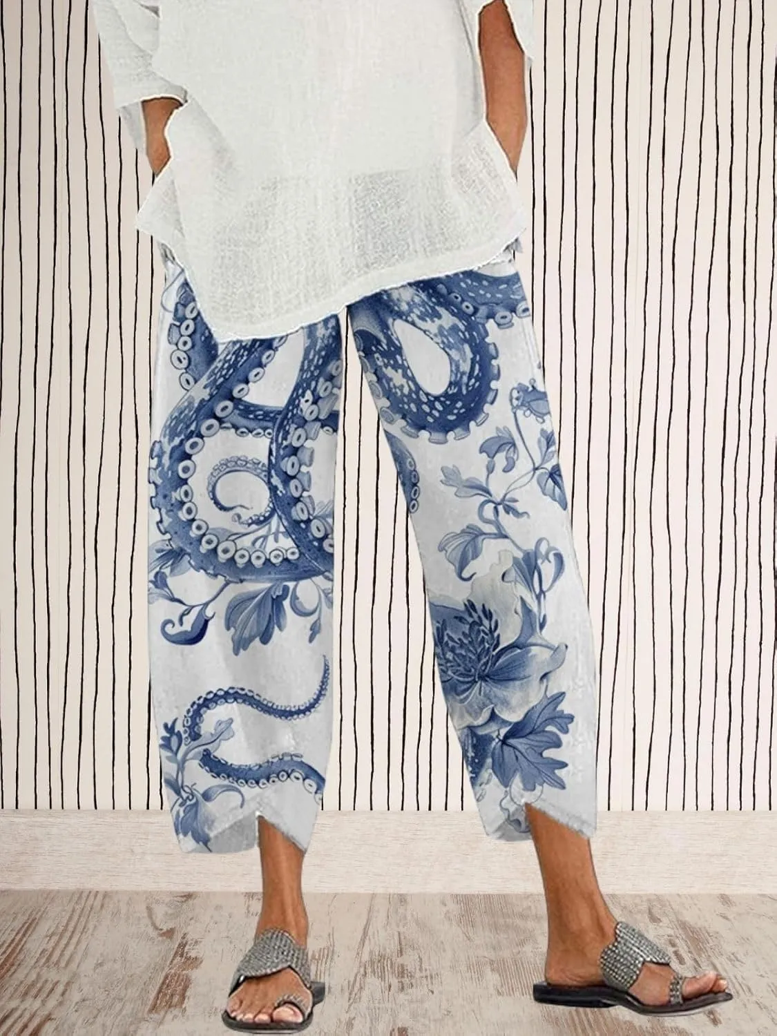 Capris Linen Pants for Women Ocean Japanese Art Printed Baggy Cropped Wide Leg Pallazzo Trousers Fish Pants for Beach