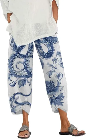 Capris Linen Pants for Women Ocean Japanese Art Printed Baggy Cropped Wide Leg Pallazzo Trousers Fish Pants for Beach