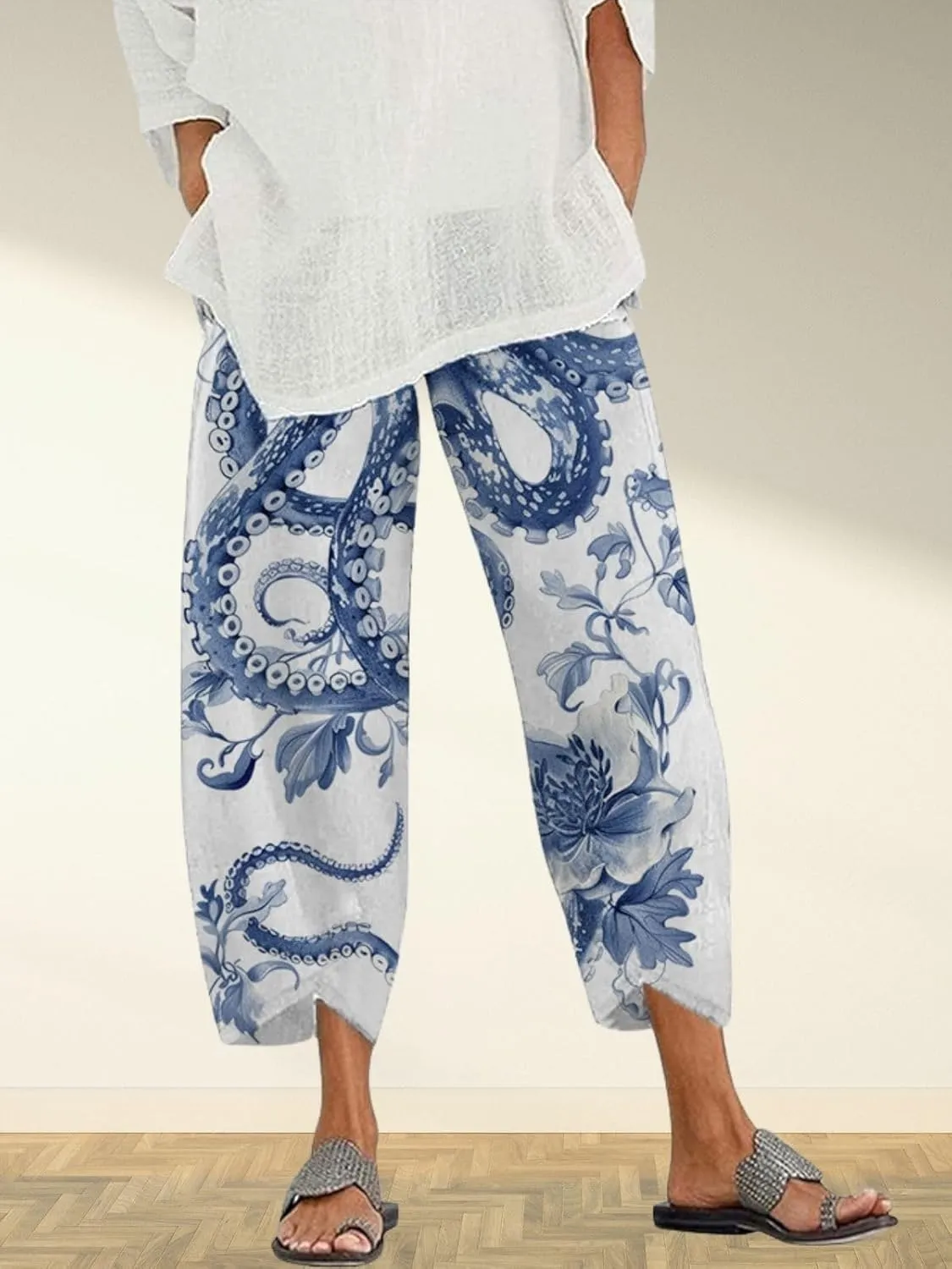 Capris Linen Pants for Women Ocean Japanese Art Printed Baggy Cropped Wide Leg Pallazzo Trousers Fish Pants for Beach