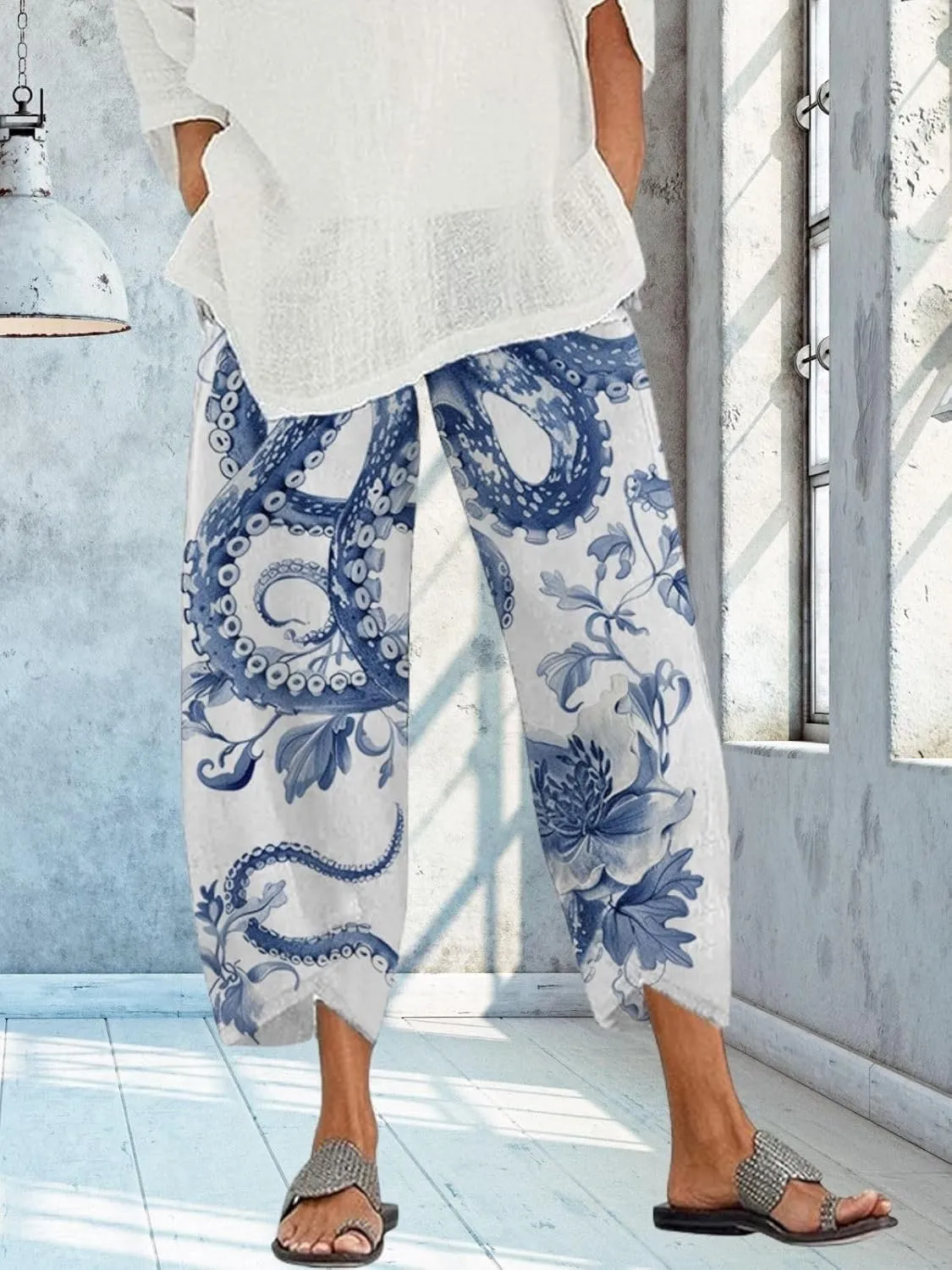 Capris Linen Pants for Women Ocean Japanese Art Printed Baggy Cropped Wide Leg Pallazzo Trousers Fish Pants for Beach