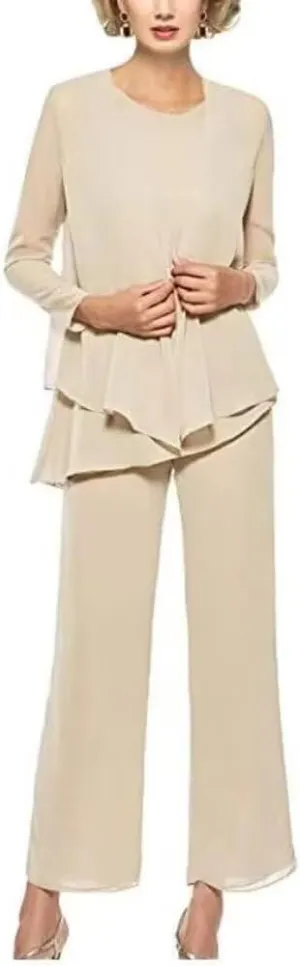 Chiffon 3Pcs Mother of The Bride Pant Suits for Women Wedding Pant Suits for Women Dressy Elegant