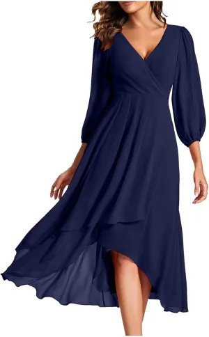 Chiffon Dresses for Women Summer Flowy Ruffle Mini Dress Elegant V Neck 3/4 Lantern Sleeve Party Cocktail Wedding Guest Dress