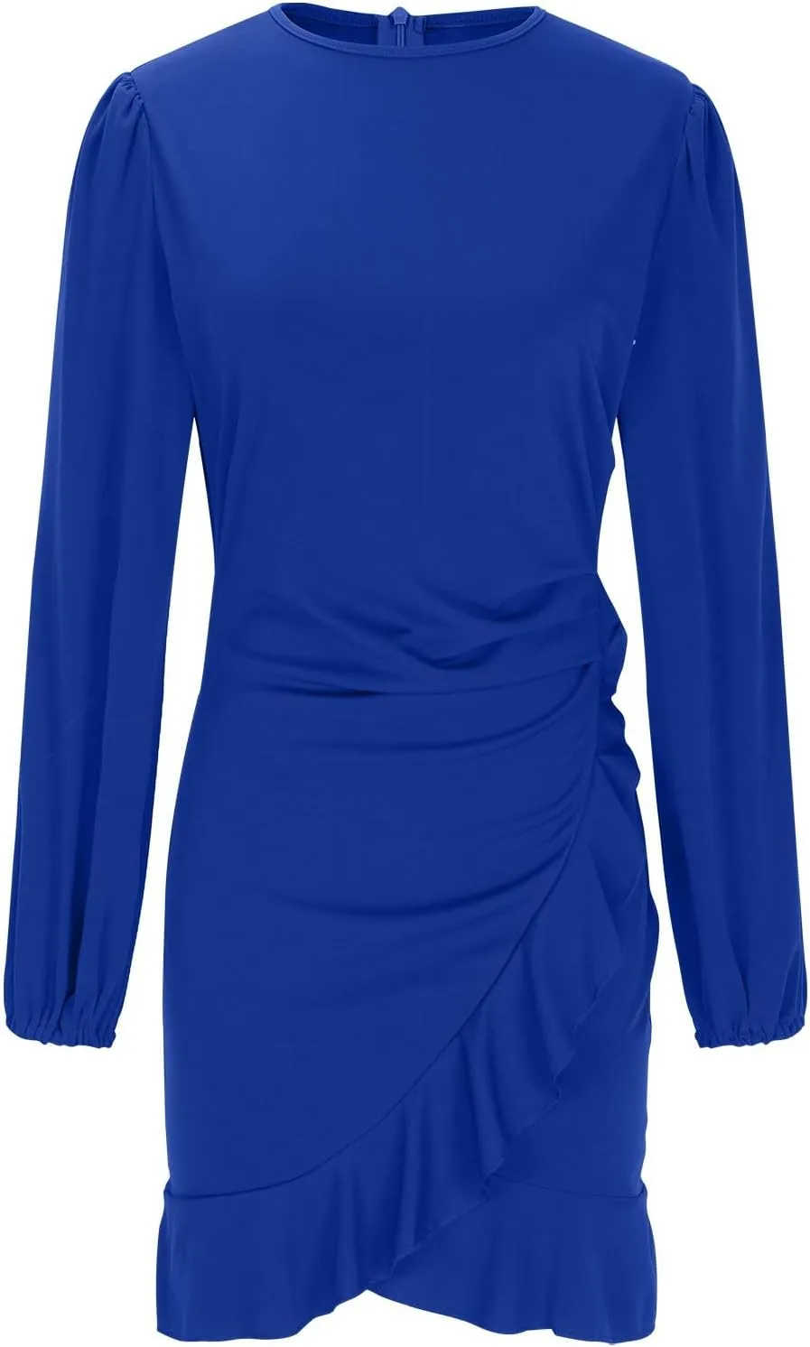 Cocktail Party Work Dress for Women Puff Long Sleeve Bodycon Dresses Ruffle Hem Crew Neck Solid Slim Mini Pencil Dress