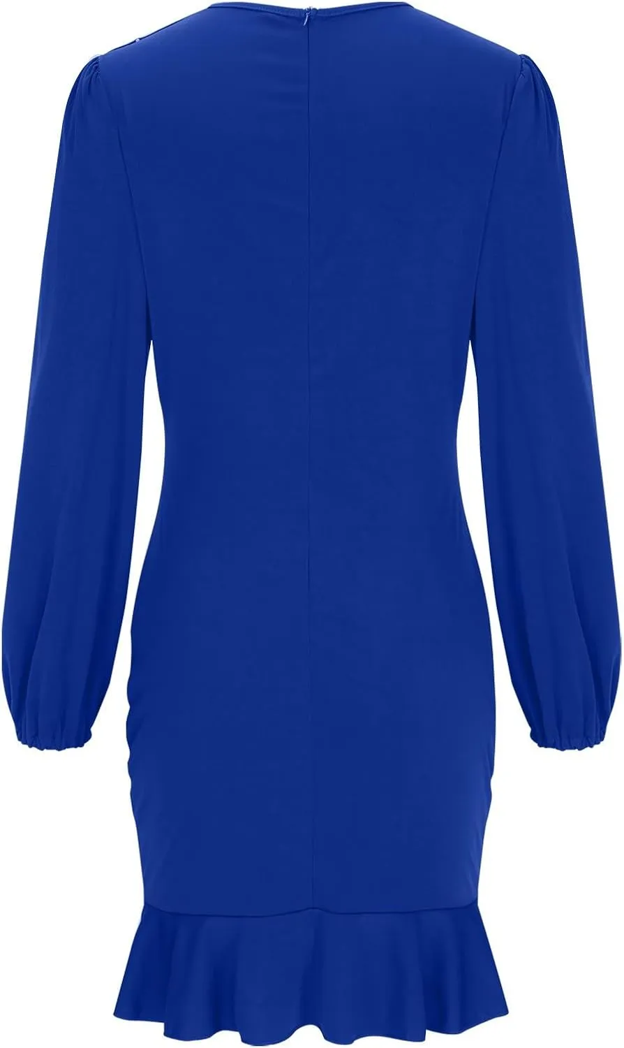Cocktail Party Work Dress for Women Puff Long Sleeve Bodycon Dresses Ruffle Hem Crew Neck Solid Slim Mini Pencil Dress