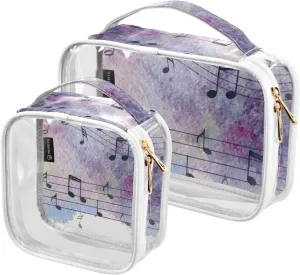 Color Music Notes Texture 2 Pack Clear Toiletry Bag Women Men, Portable Waterproof Clear Pouch, Cosmetic Bag with Double Zippers Large Opening Traveling with Handle for Bathroom Traveling Vacation Org