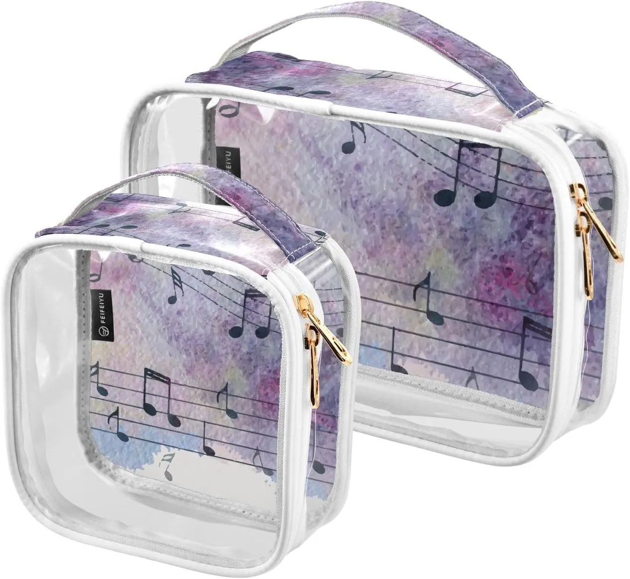 Color Music Notes Texture 2 Pack Clear Toiletry Bag Women Men, Portable Waterproof Clear Pouch, Cosmetic Bag with Double Zippers Large Opening Traveling with Handle for Bathroom Traveling Vacation Org