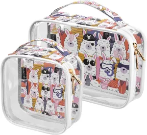 Colorful-alpaca-pattern 2 Pack Clear Toiletry Bag Women Men, Portable Waterproof Clear Pouch, Cosmetic Bag with Double Zippers Large Opening Traveling with Handle for Bathroom Traveling Vacation Organ