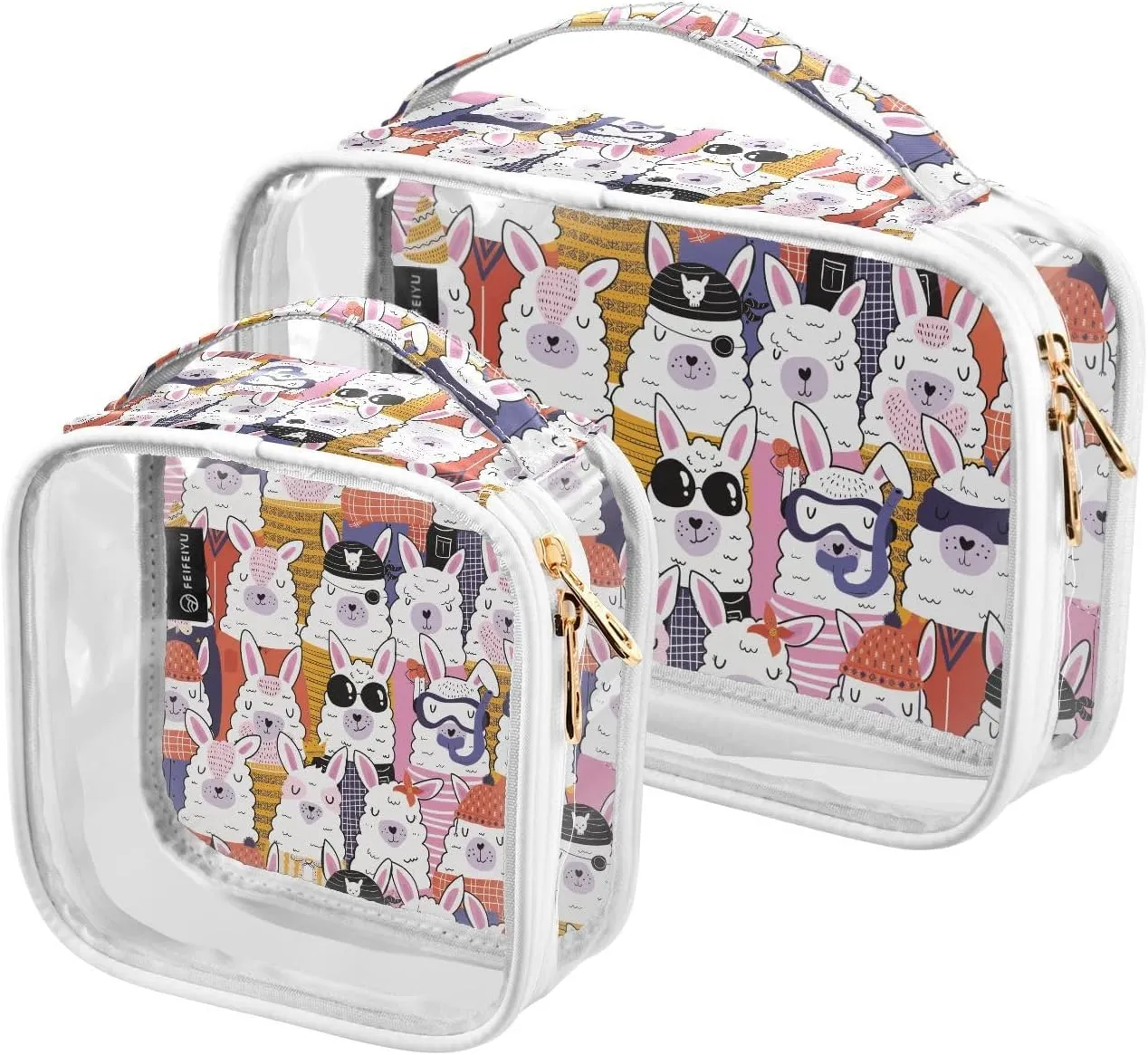 Colorful-alpaca-pattern 2 Pack Clear Toiletry Bag Women Men, Portable Waterproof Clear Pouch, Cosmetic Bag with Double Zippers Large Opening Traveling with Handle for Bathroom Traveling Vacation Organ