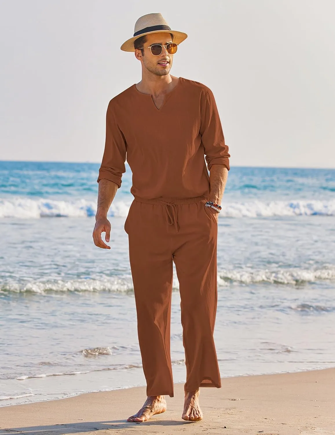 COOFANDY Men's 2 Pieces Cotton Linen Set Henley Shirt Long Sleeve and Casual Beach Pants Summer Yoga Outfits