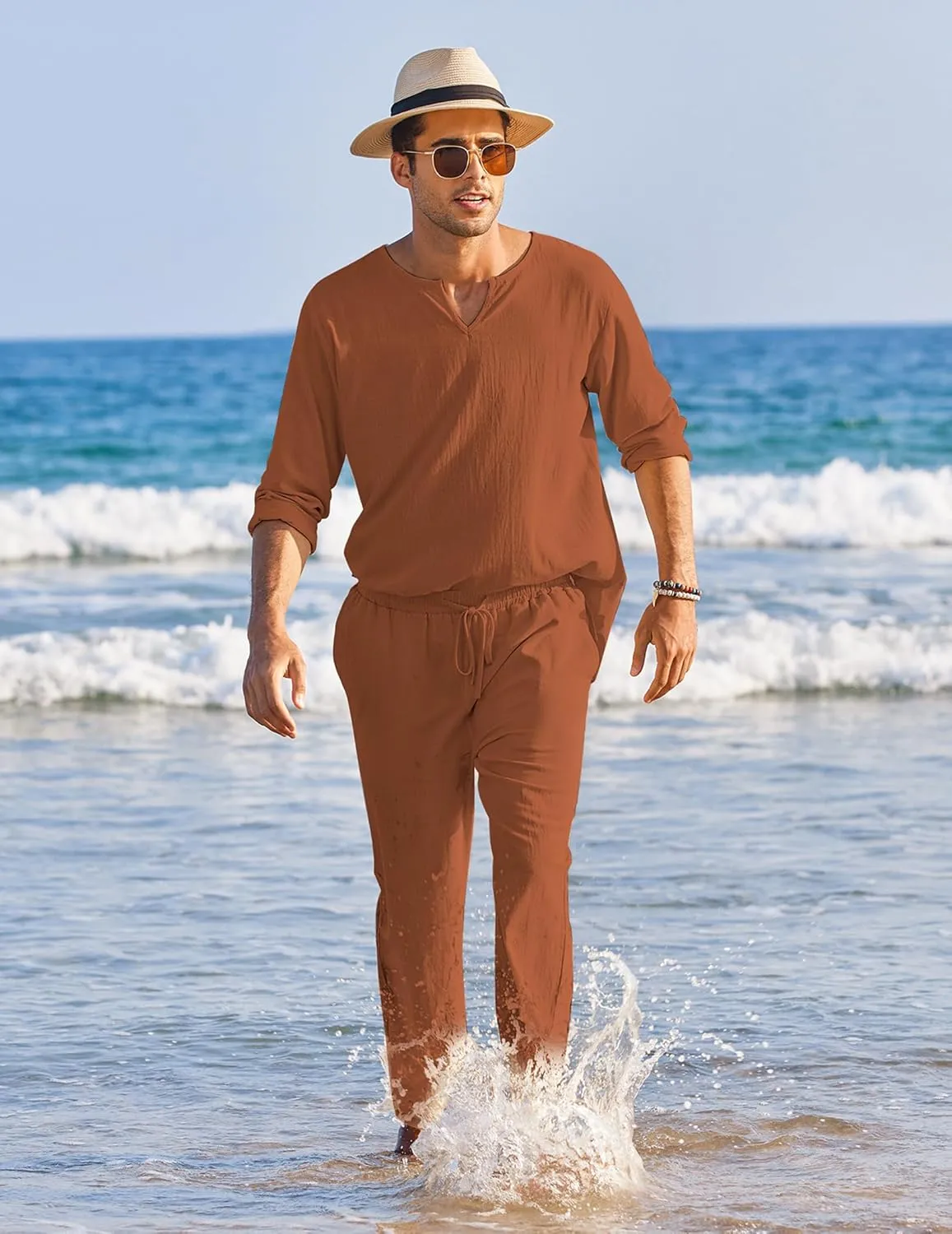 COOFANDY Men's 2 Pieces Cotton Linen Set Henley Shirt Long Sleeve and Casual Beach Pants Summer Yoga Outfits