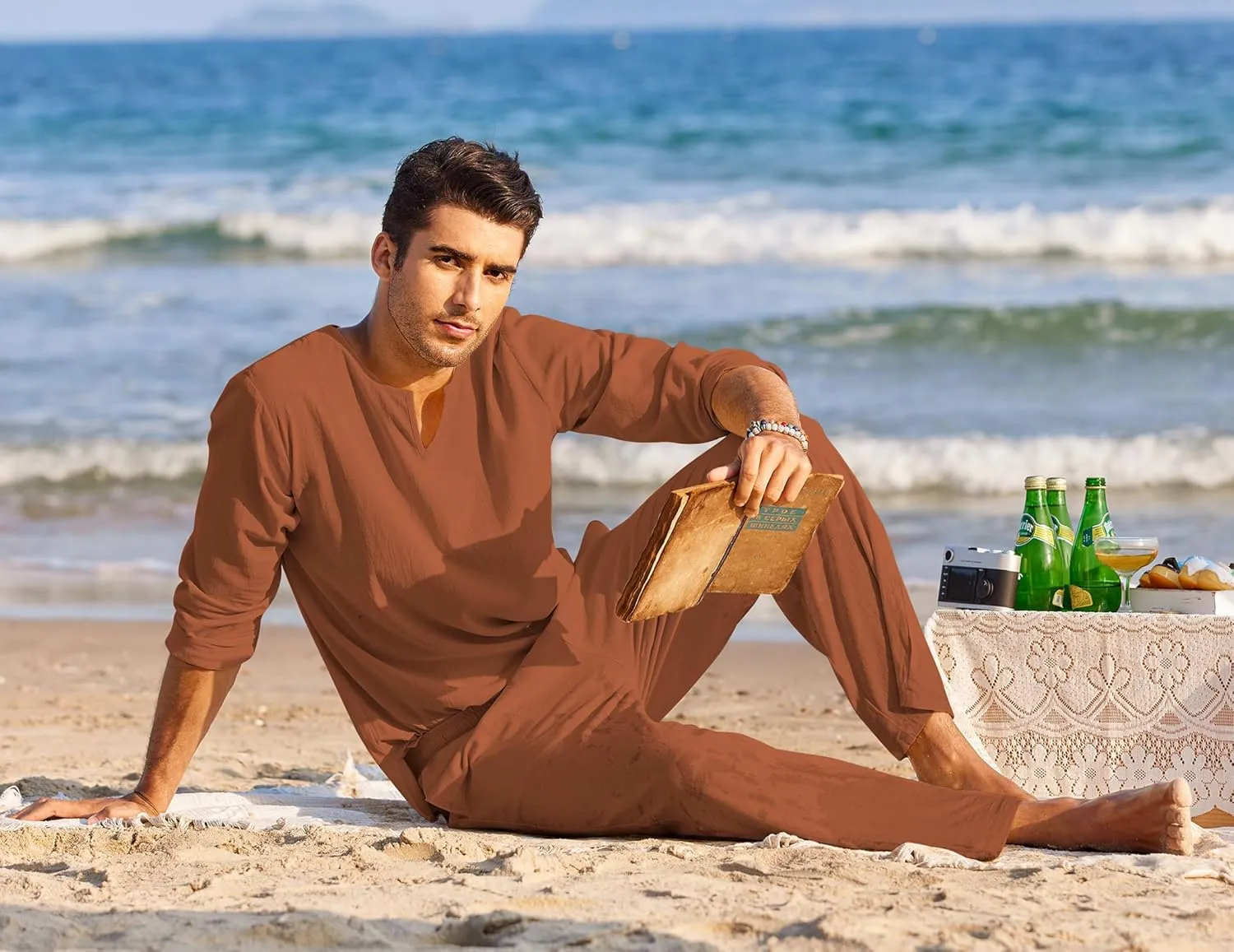 COOFANDY Men's 2 Pieces Cotton Linen Set Henley Shirt Long Sleeve and Casual Beach Pants Summer Yoga Outfits
