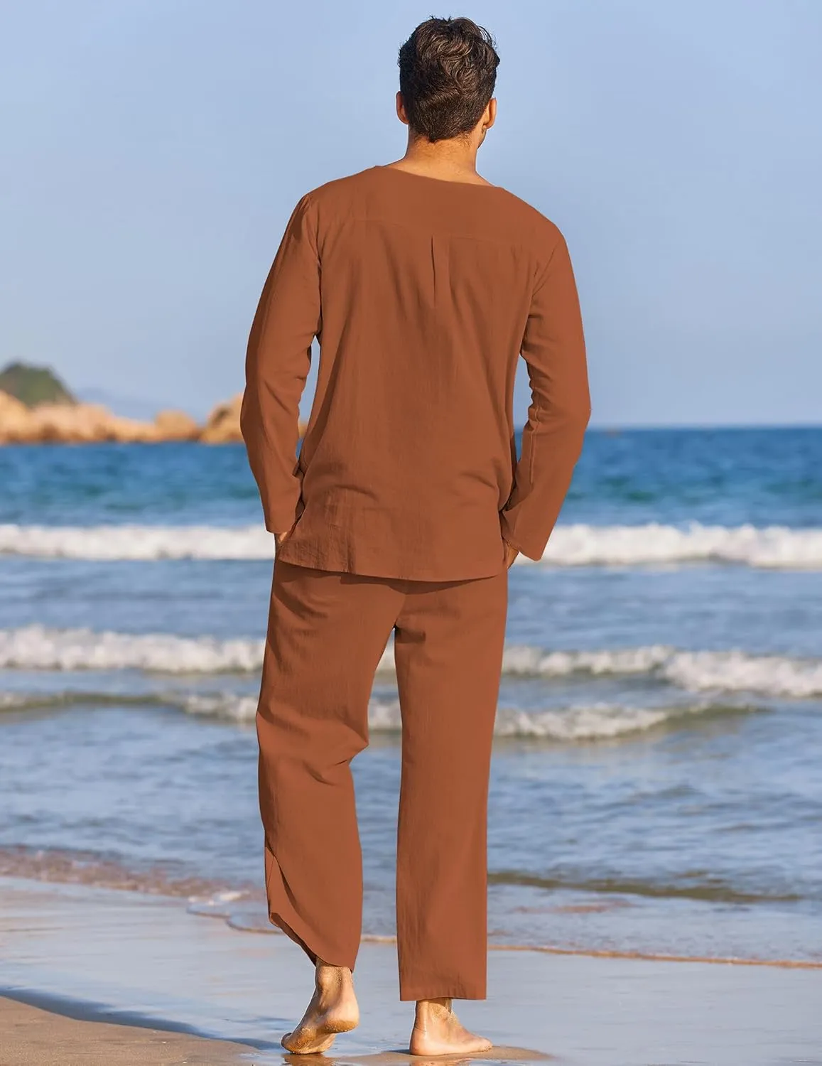 COOFANDY Men's 2 Pieces Cotton Linen Set Henley Shirt Long Sleeve and Casual Beach Pants Summer Yoga Outfits