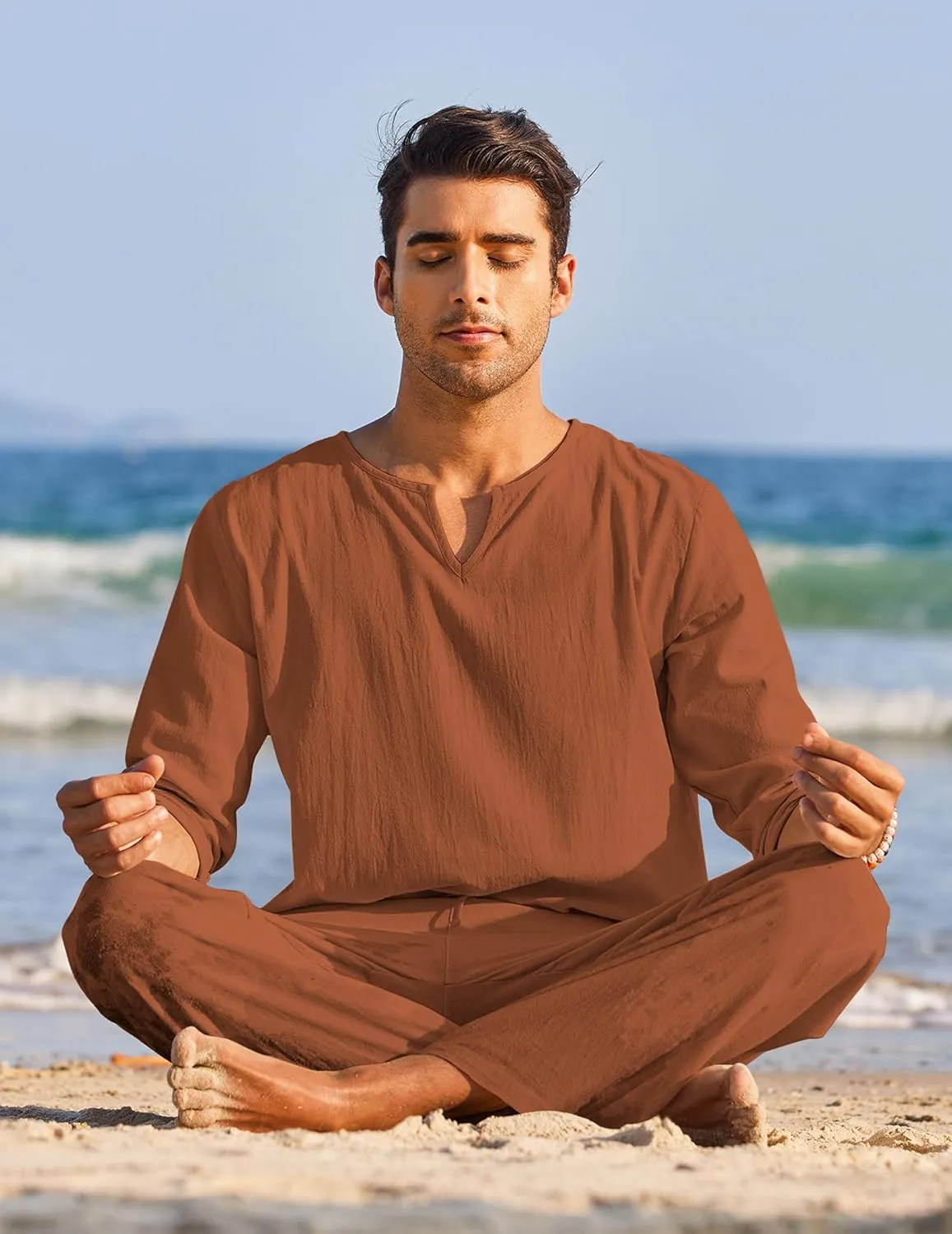 COOFANDY Men's 2 Pieces Cotton Linen Set Henley Shirt Long Sleeve and Casual Beach Pants Summer Yoga Outfits