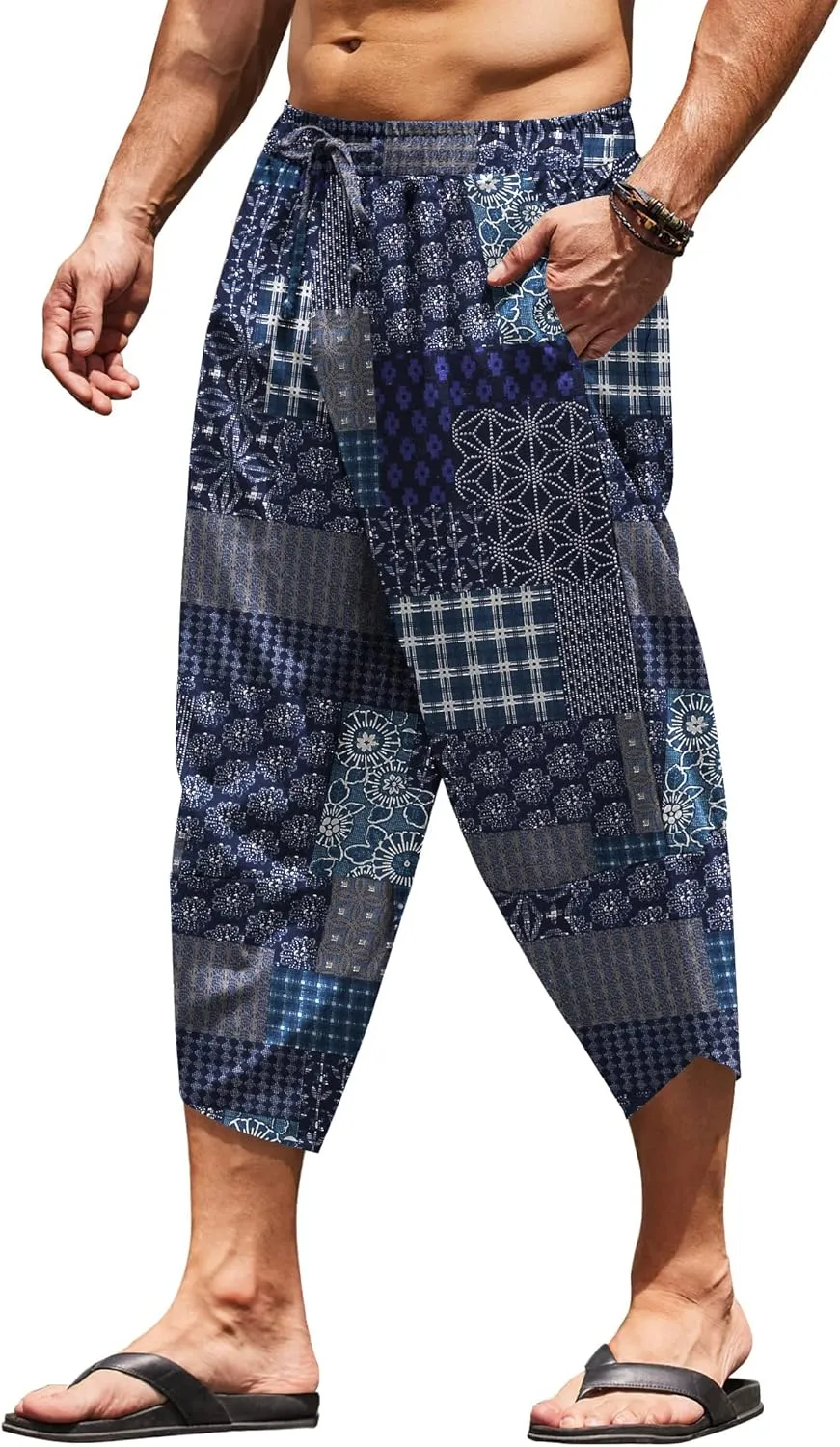 COOFANDY Men's Linen Harem Capri Pants Lightweight Loose 3/4 Shorts Drawstring Elastic Waist Casual Beach Boho Yoga Trousers