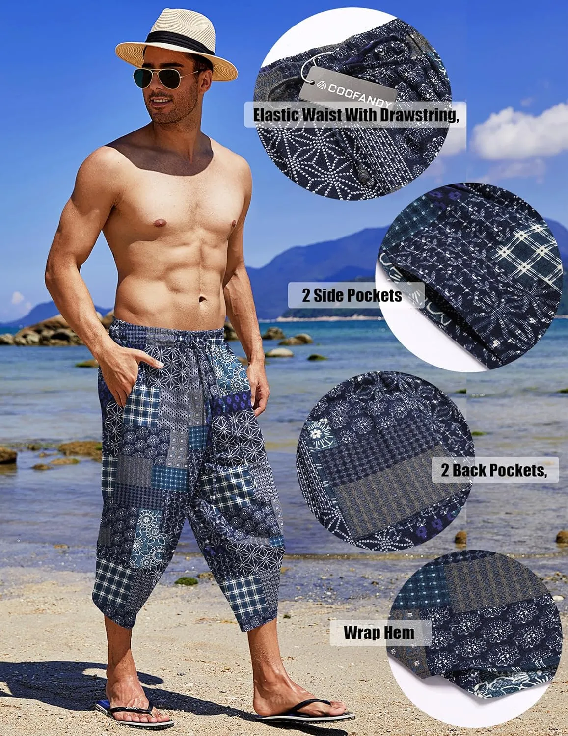 COOFANDY Men's Linen Harem Capri Pants Lightweight Loose 3/4 Shorts Drawstring Elastic Waist Casual Beach Boho Yoga Trousers