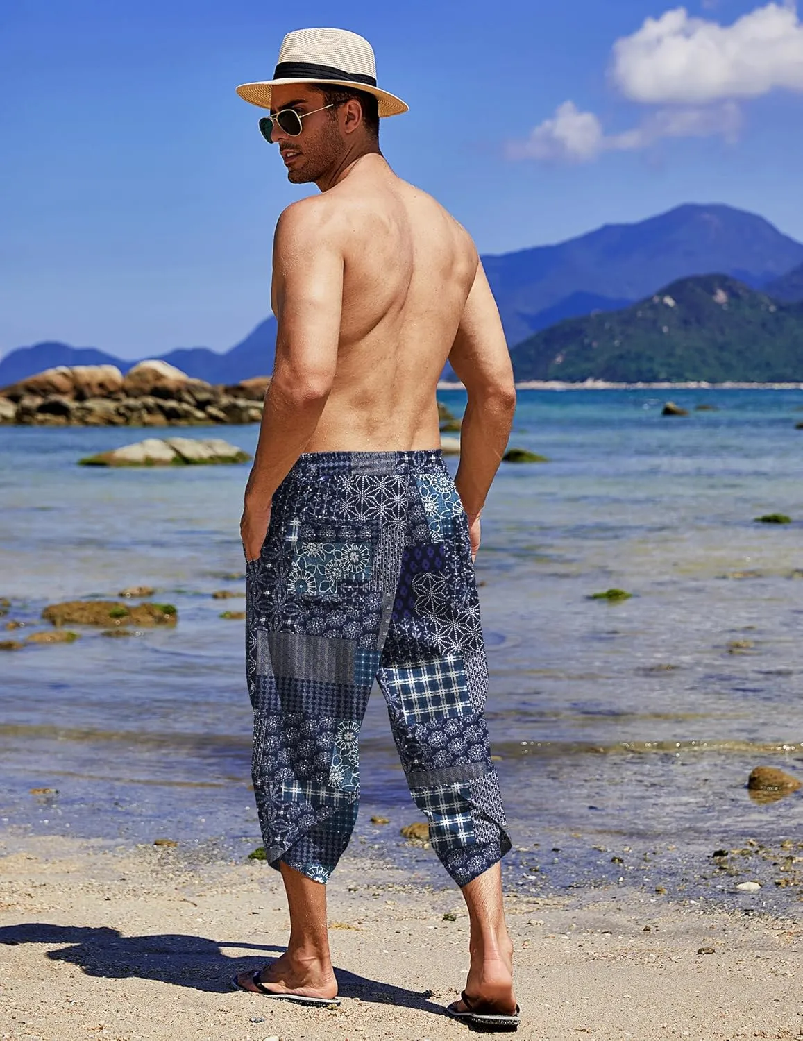 COOFANDY Men's Linen Harem Capri Pants Lightweight Loose 3/4 Shorts Drawstring Elastic Waist Casual Beach Boho Yoga Trousers