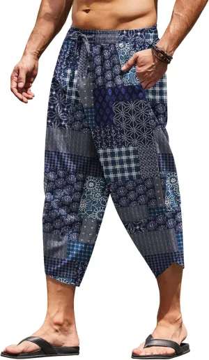 COOFANDY Men's Linen Harem Capri Pants Lightweight Loose 3/4 Shorts Drawstring Elastic Waist Casual Beach Boho Yoga Trousers