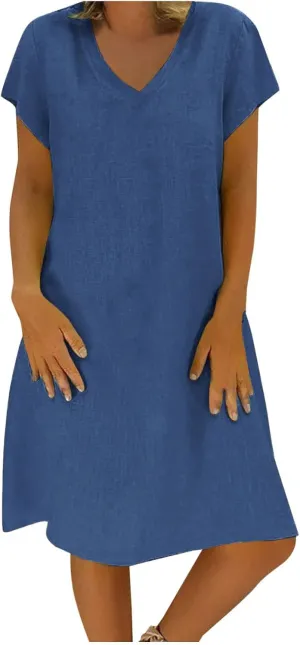 Cotton Linen Mini Dress Short Sleeve V Neck Beach Vacation Dresses Summer Casual Boho Sundress Lounge Solid Clothes