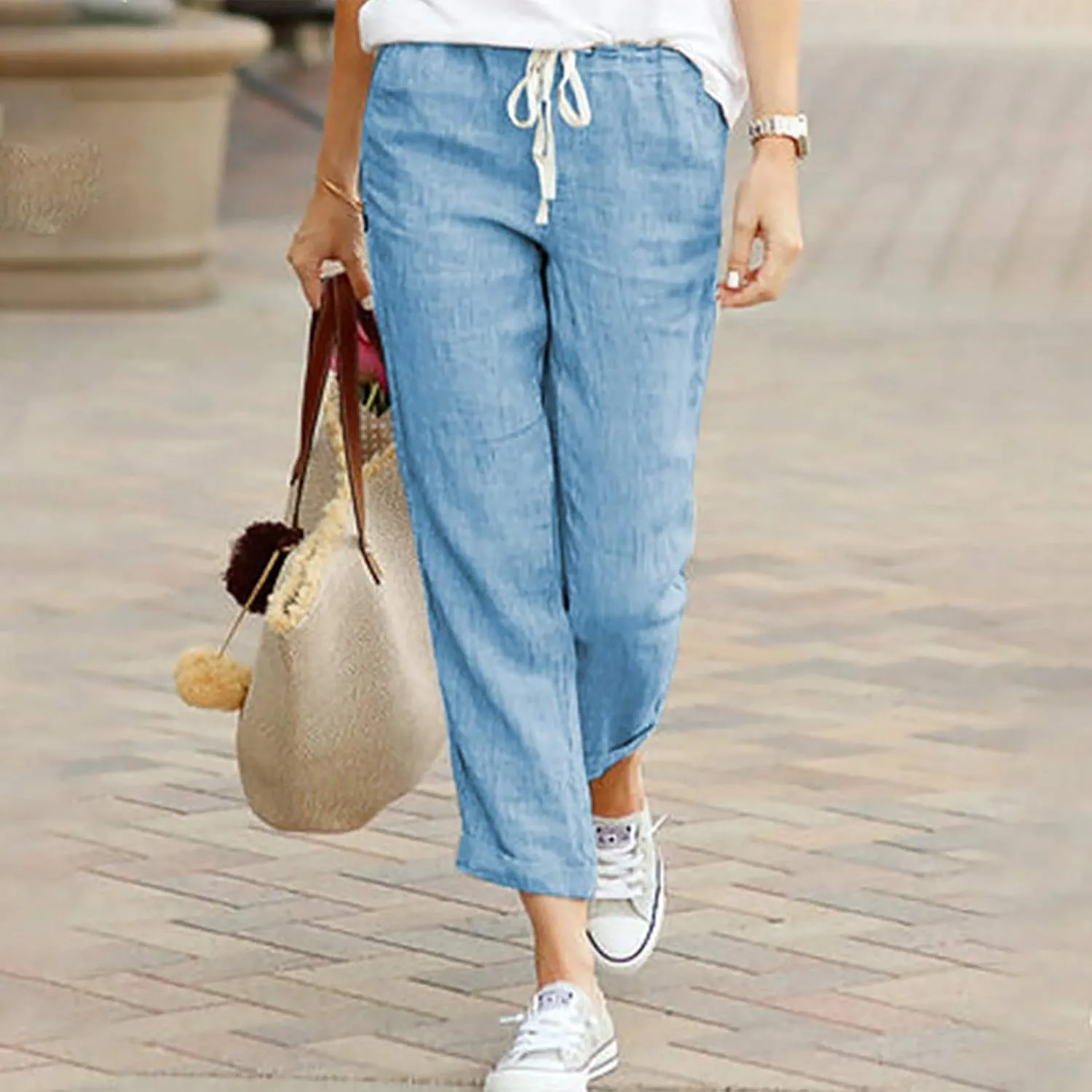 Cotton Linen Pants for Women 2024 Summer Drawstring High Waist Cropped Pants Loose Wide Leg Trousers with Pockets
