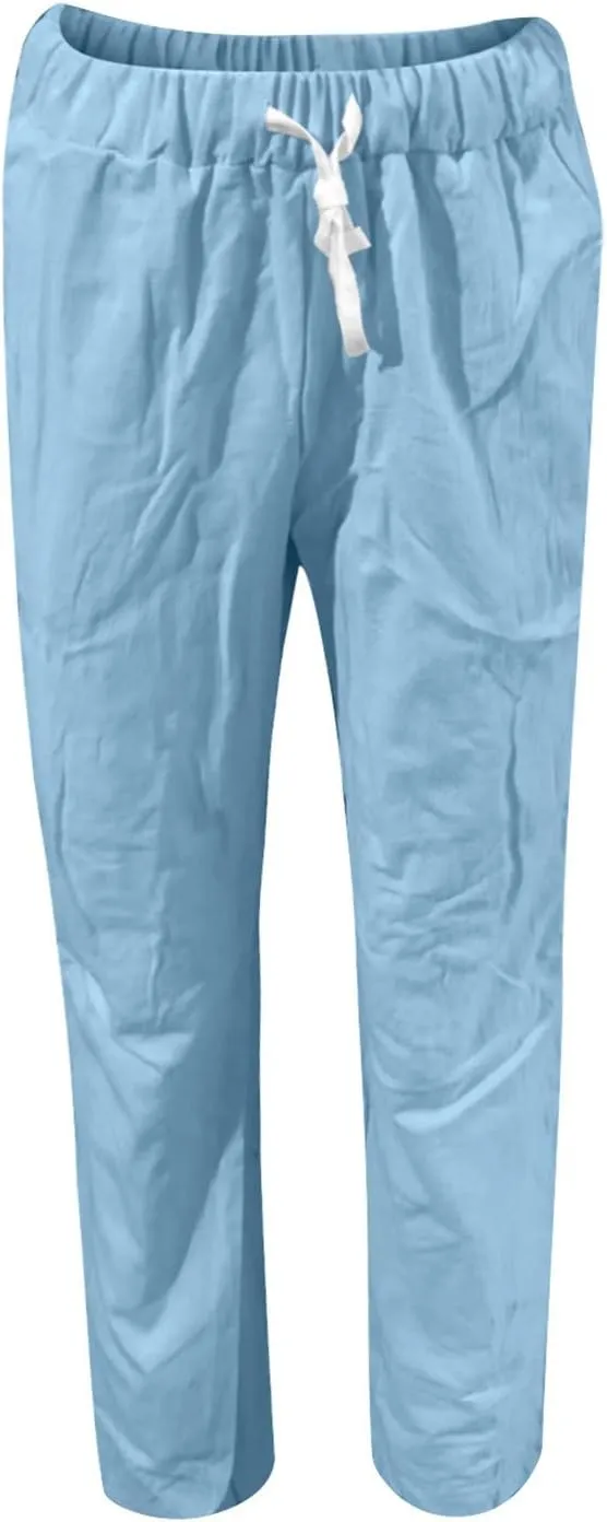 Cotton Linen Pants for Women 2024 Summer Drawstring High Waist Cropped Pants Loose Wide Leg Trousers with Pockets