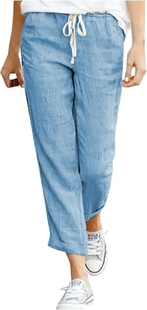 Cotton Linen Pants for Women 2024 Summer Drawstring High Waist Cropped Pants Loose Wide Leg Trousers with Pockets