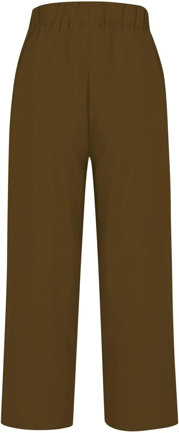 Cotton Linen Pants for Women Summer Boho Plus Size Elastic Waist Casual Loose Beach Straight Leg Trouser with Pockets