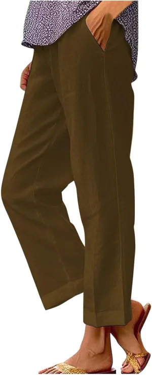 Cotton Linen Pants for Women Summer Boho Plus Size Elastic Waist Casual Loose Beach Straight Leg Trouser with Pockets