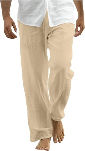 Cotton Linen Pants Men Casual Loose Fit Elastic Drawstring Waist Wide Leg Pant Lightweight Summer Beach Pants Pockets